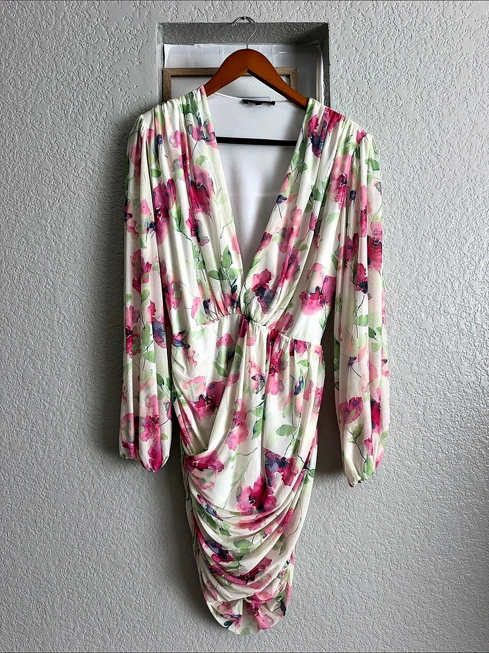 CAMEO Floral Ruched Midi Dress in White & Pink Like New